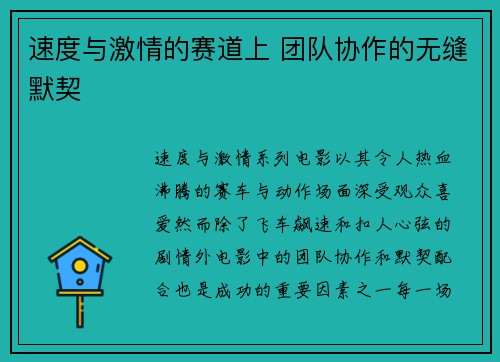 速度与激情的赛道上 团队协作的无缝默契